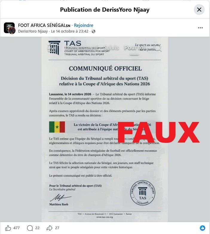 Capture d'écran Facebook effectuée le 19 octobre 2026
